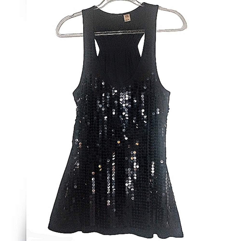 Eyeshadow black shimmery sequined Tank Top Blouse Party Event size Large